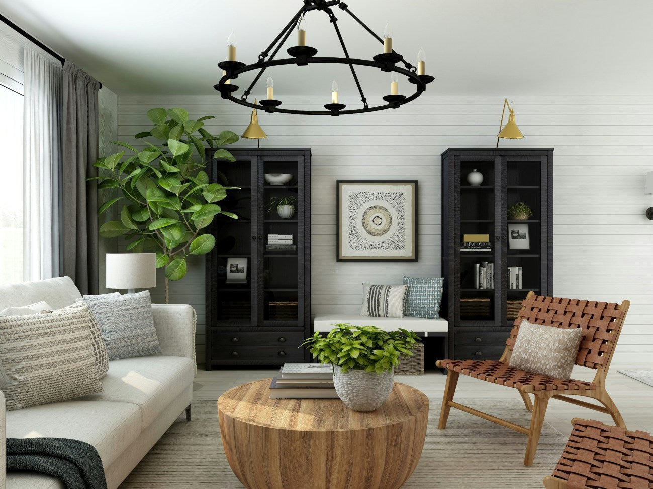 Cozy and stylish living room with natural wood accents, black display cabinets, and indoor greenery – interior styling by Milli Arts
