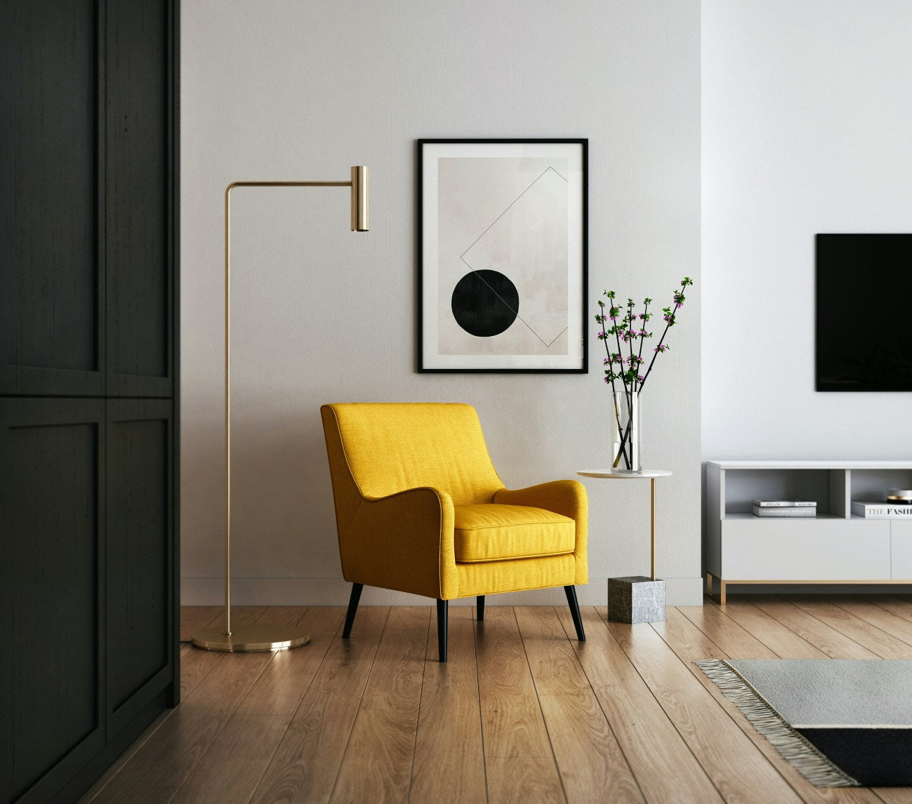Modern minimalist living room featuring a vibrant yellow armchair, abstract wall art, and sleek decor accents – styled by Milli Arts