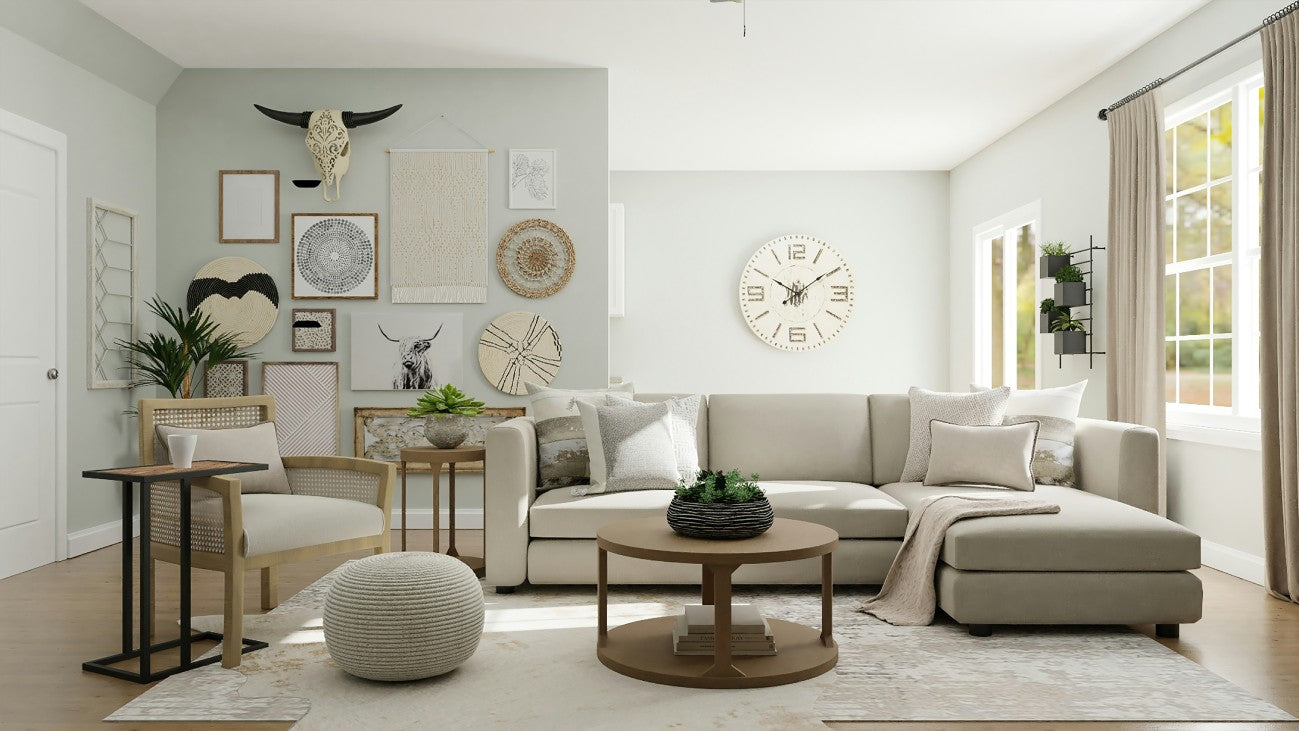 Neutral-toned boho living room with sectional sofa, earthy wall art gallery, and natural light – styled by Milli Arts