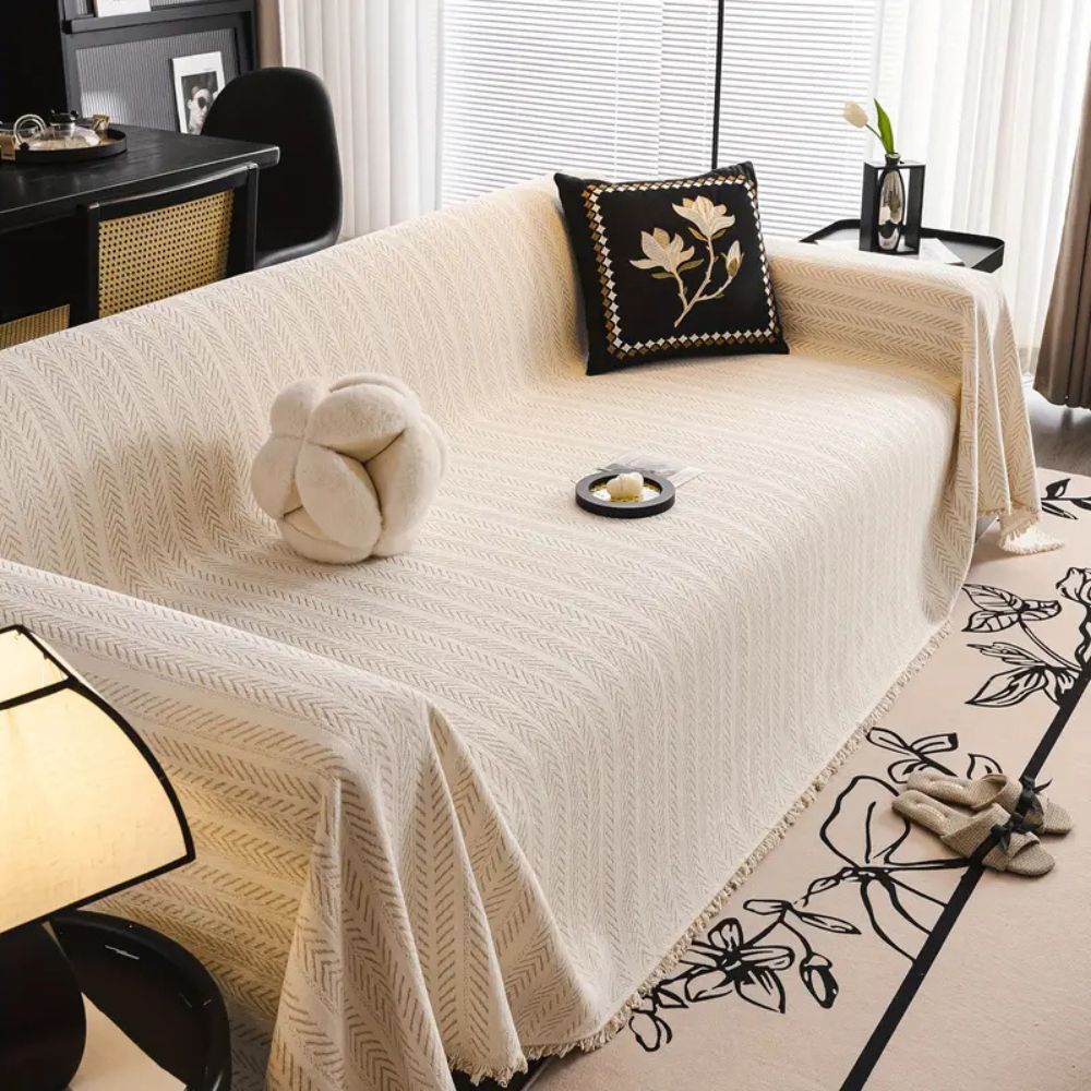 Milli Arts – Elegant Herringbone Chenille Sofa Cover with Tassels for a Cozy Atmosphere - Milli Arts