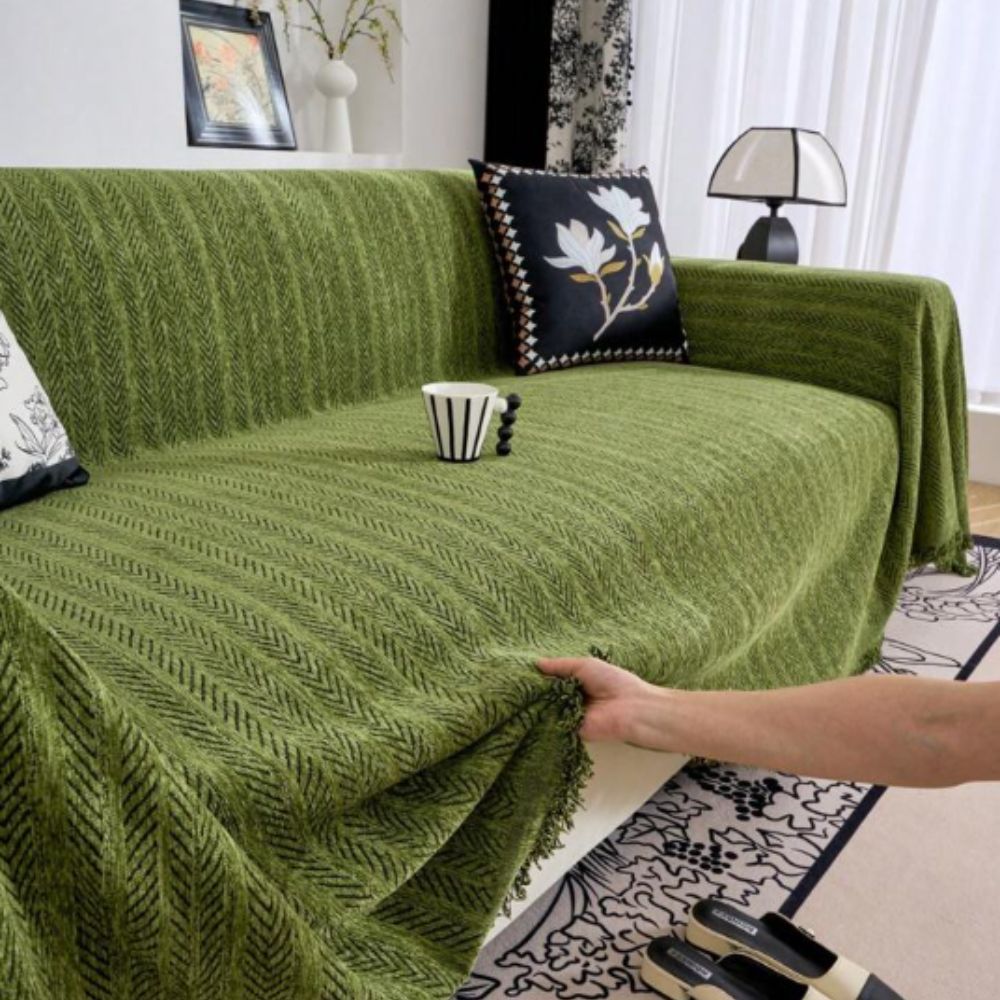 Milli Arts – Elegant Herringbone Chenille Sofa Cover with Tassels for a Cozy Atmosphere - Milli Arts