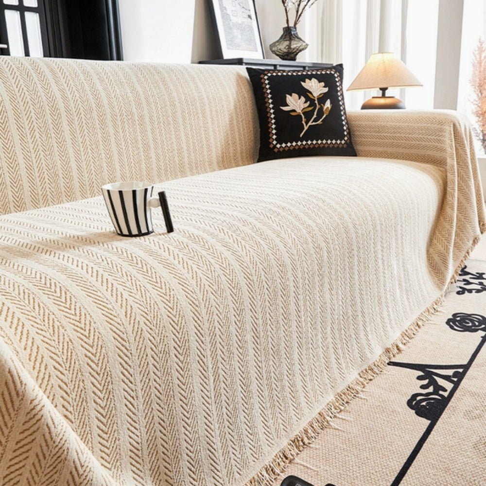 Milli Arts – Elegant Herringbone Chenille Sofa Cover with Tassels for a Cozy Atmosphere - Milli Arts