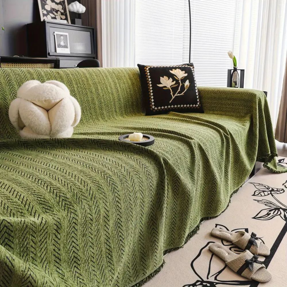 Milli Arts – Elegant Herringbone Chenille Sofa Cover with Tassels for a Cozy Atmosphere - Milli Arts