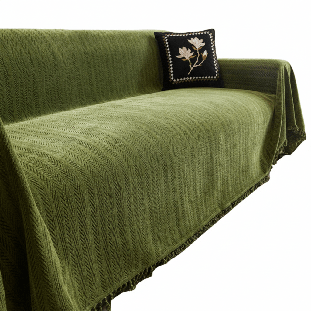 Milli Arts – Elegant Herringbone Chenille Sofa Cover with Tassels for a Cozy Atmosphere - Milli Arts