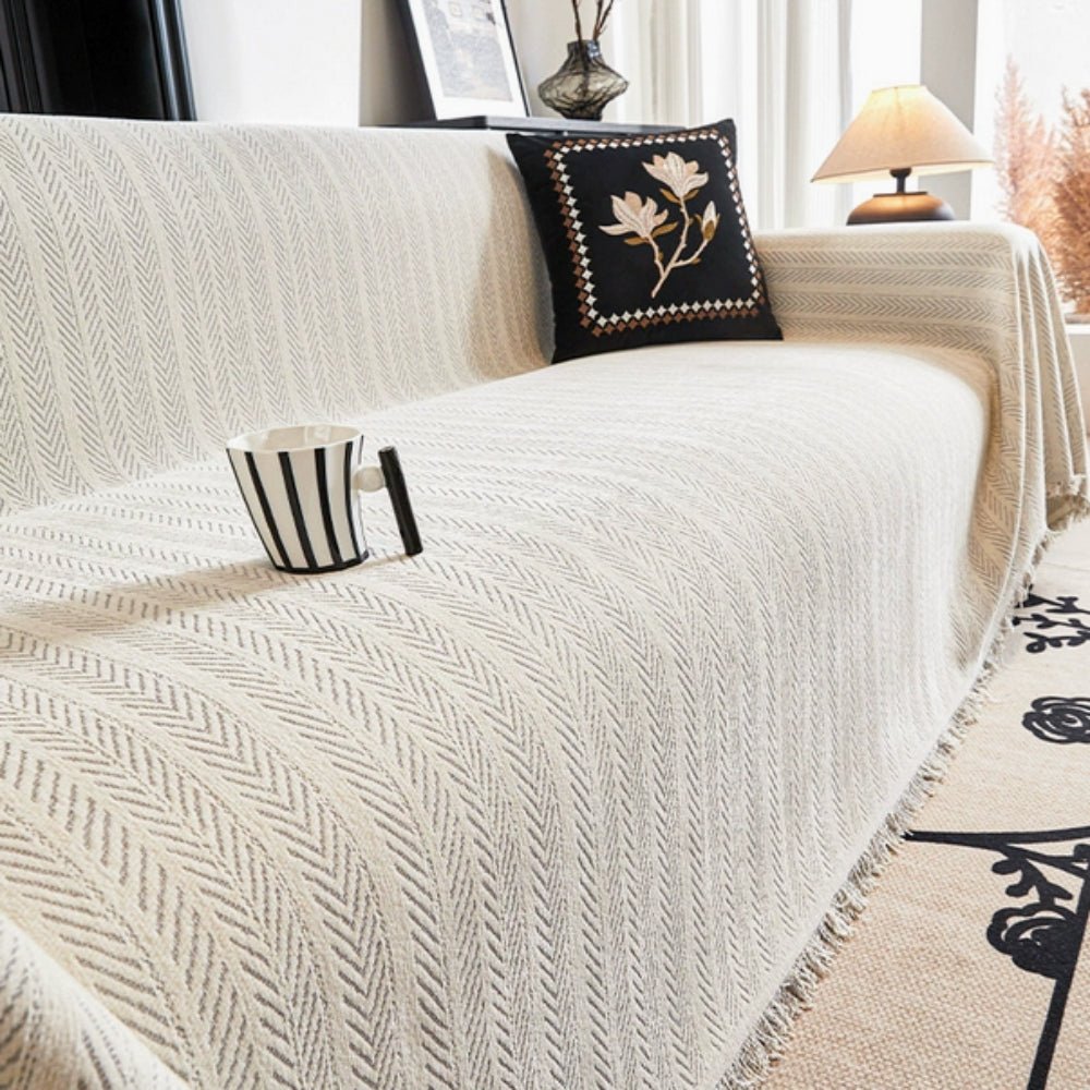 Milli Arts – Elegant Herringbone Chenille Sofa Cover with Tassels for a Cozy Atmosphere - Milli Arts