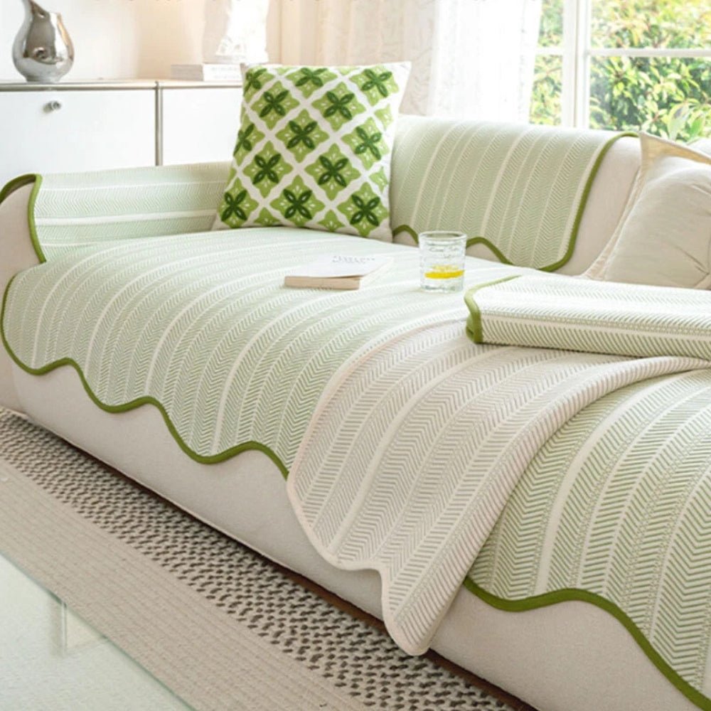 Milli Arts – Elegant Herringbone Scallop Edge Sofa Cover in Soft Neutrals for a Cozy Living Space - Milli Arts