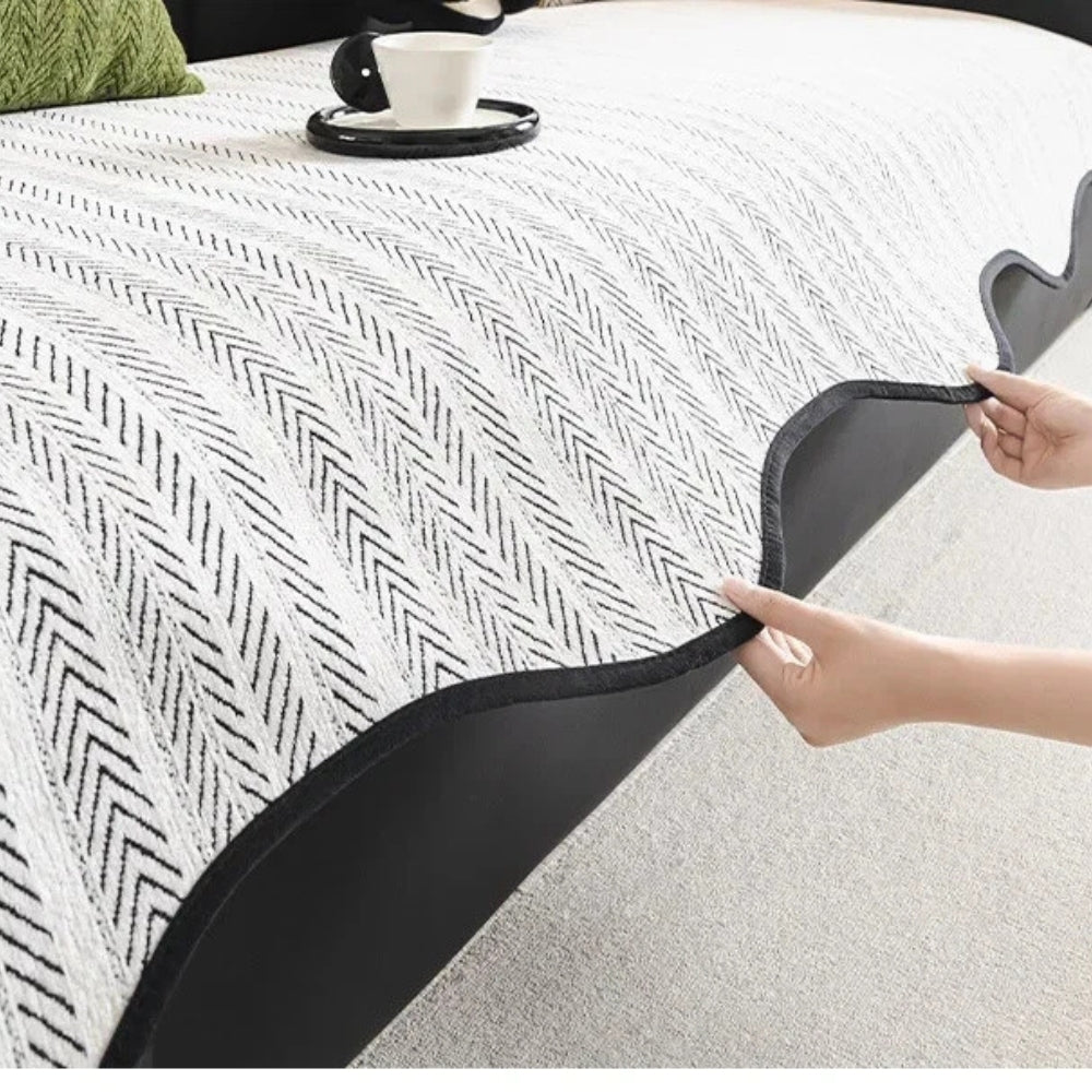 Milli Arts – Elegant Herringbone Scallop Edge Sofa Cover in Soft Neutrals for a Cozy Living Space - Milli Arts