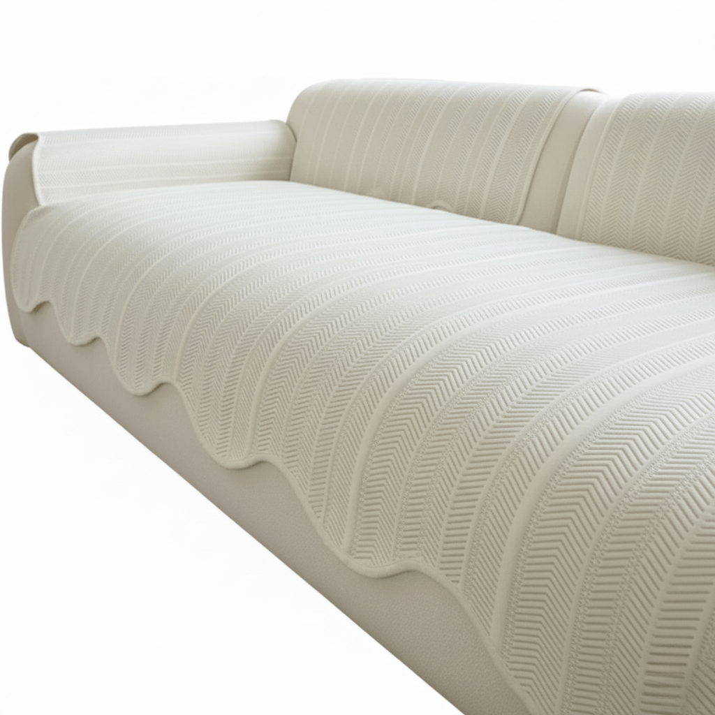 Milli Arts – Elegant Herringbone Scallop Edge Sofa Cover in Soft Neutrals for a Cozy Living Space - Milli Arts