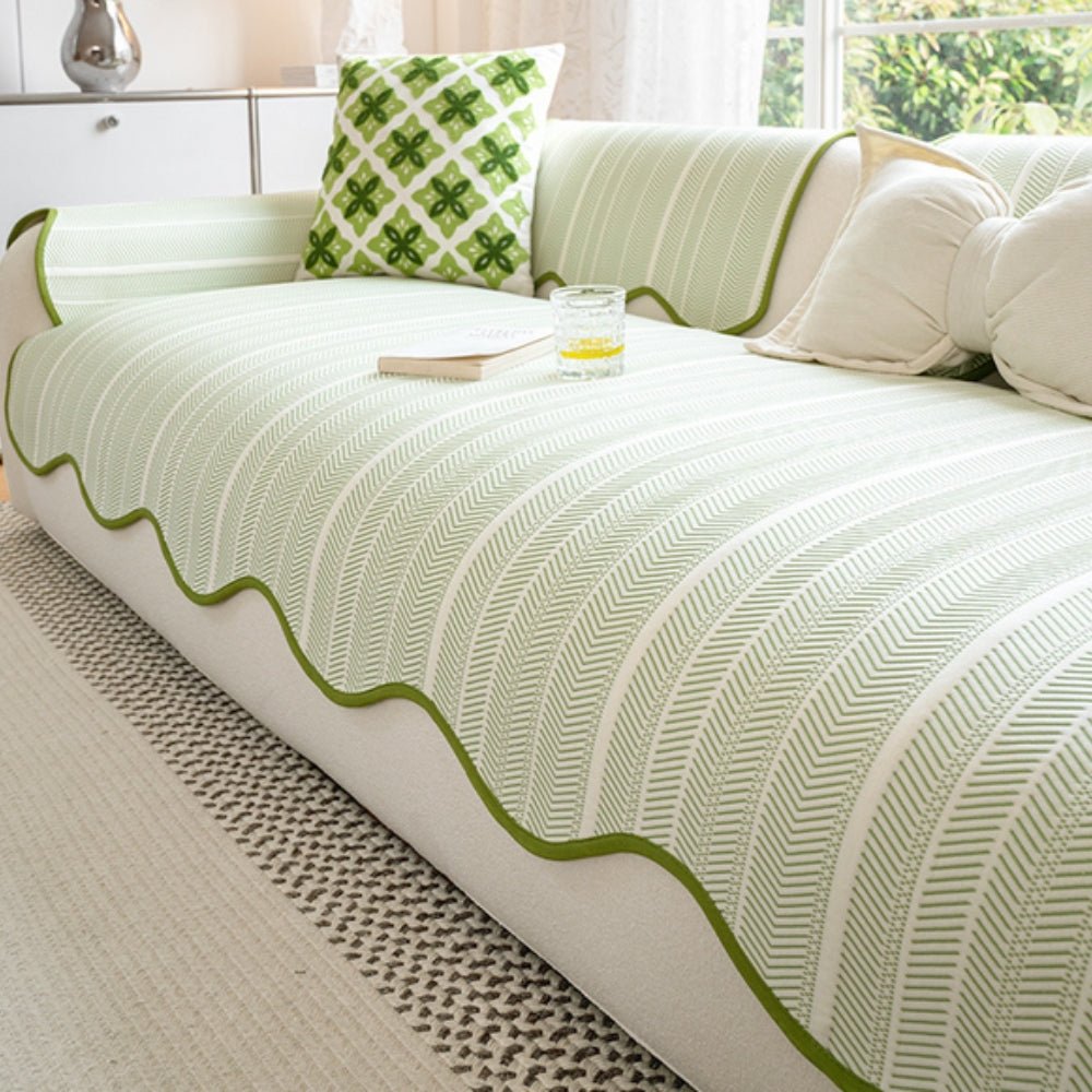 Milli Arts – Elegant Herringbone Scallop Edge Sofa Cover in Soft Neutrals for a Cozy Living Space - Milli Arts