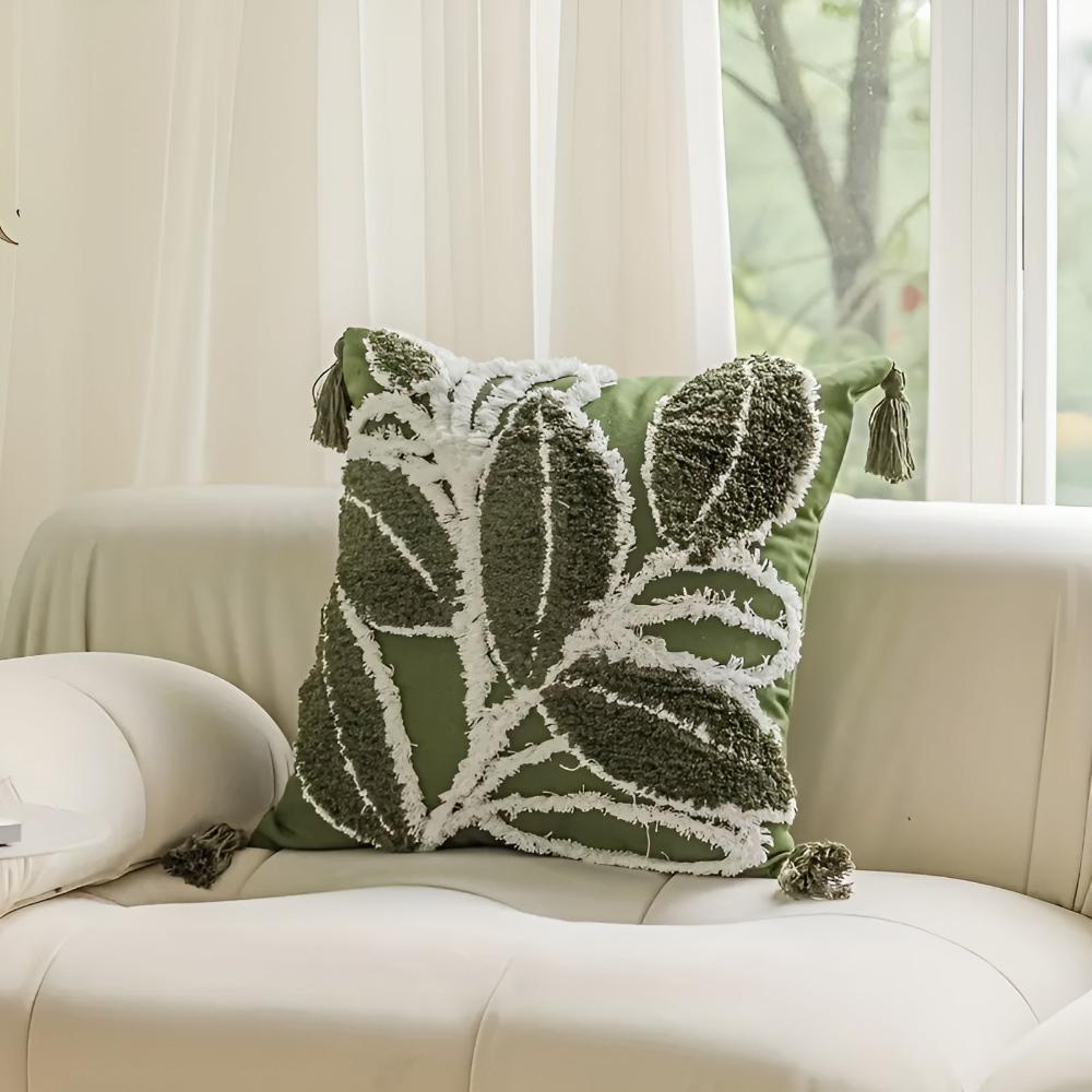 Milli Arts – Elegant Plush Leaf Cushion Cover in Soft Green for a Serene Ambiance - Milli Arts