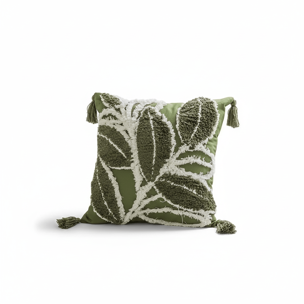 Milli Arts – Elegant Plush Leaf Cushion Cover in Soft Green for a Serene Ambiance - Milli Arts