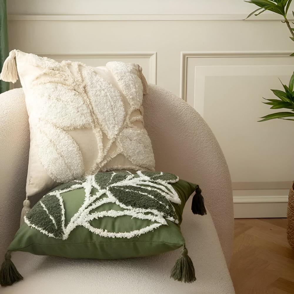 Milli Arts – Elegant Plush Leaf Cushion Cover in Soft Green for a Serene Ambiance - Milli Arts