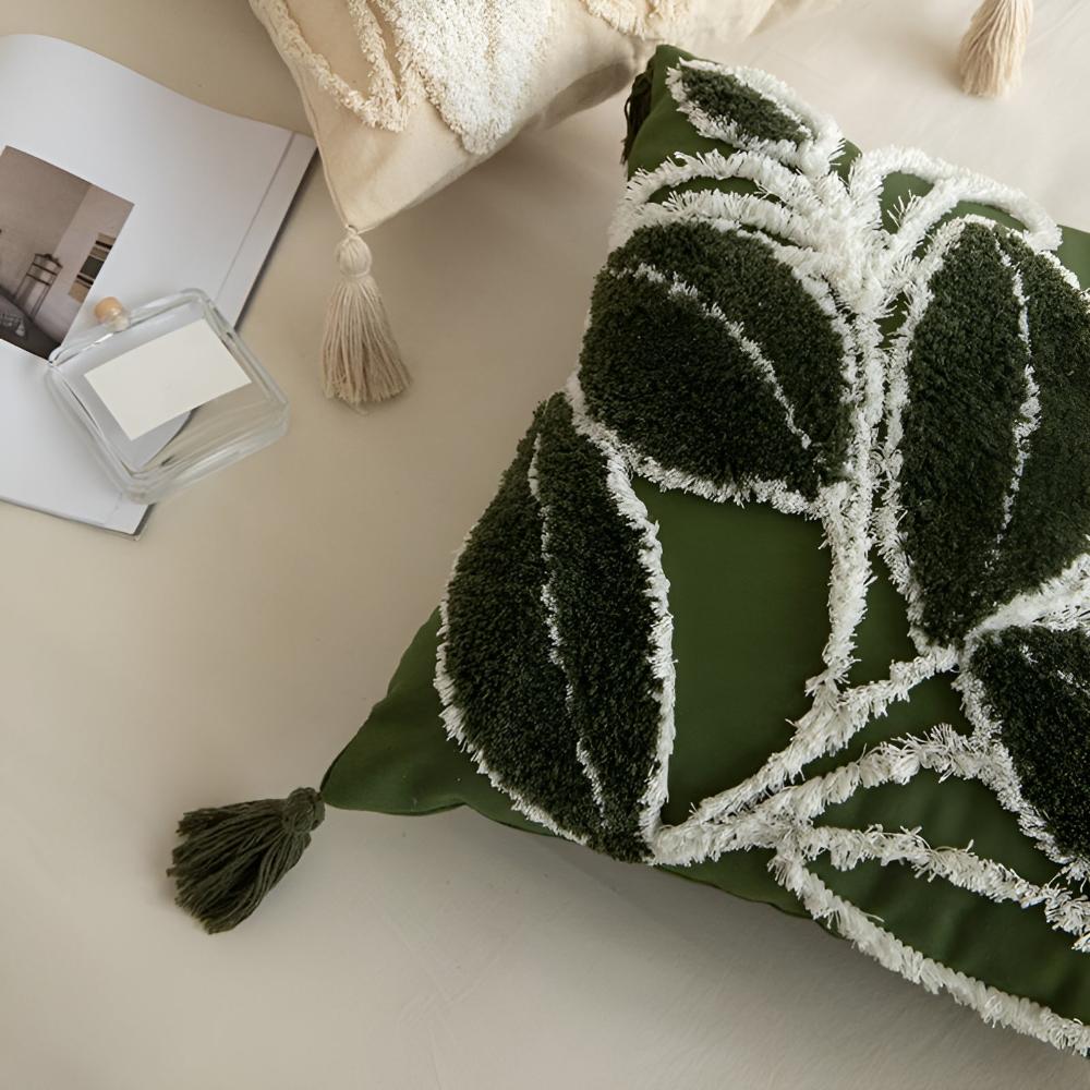 Milli Arts – Elegant Plush Leaf Cushion Cover in Soft Green for a Serene Ambiance - Milli Arts